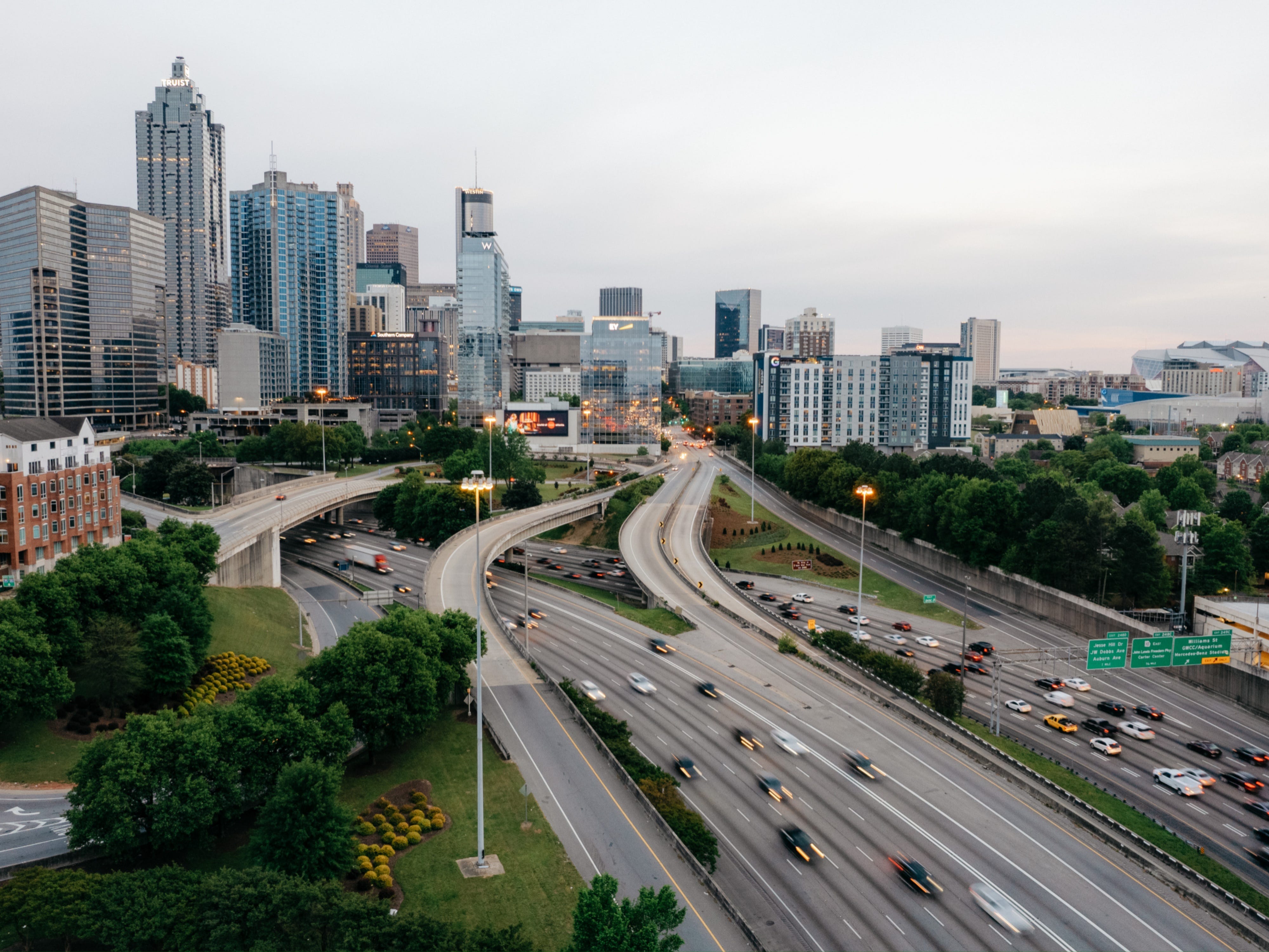 Downtown Atlanta, Georgia, on a busy, cloudy day.
