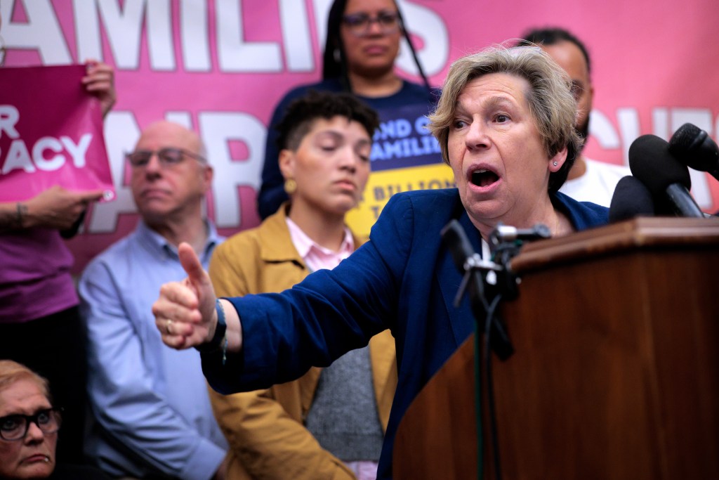 Randi Weingarten joins Democrats during a rally at the Cannon House Office Building on Capitol Hill on May 13, 2025.