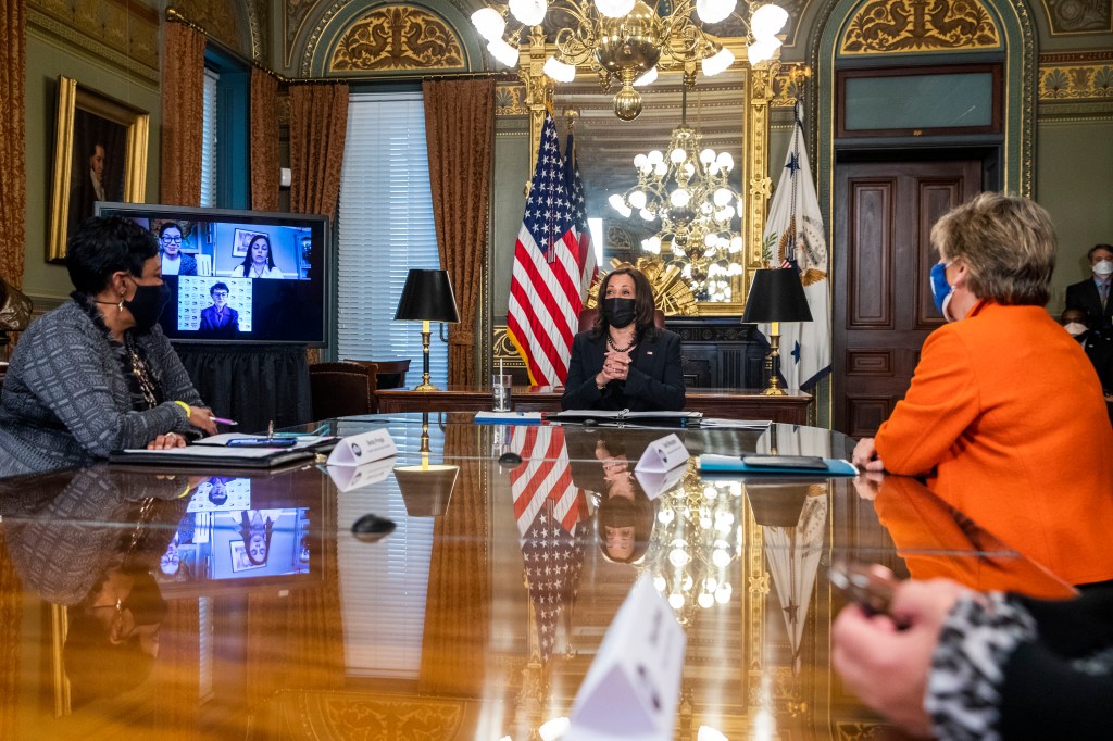 Vice President Kamala Harris meets labor leaders including Randi Weingarten in the Eisenhower Executive Office Building on March 18, 2021.