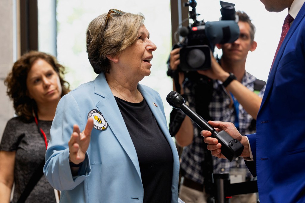 President of the American Federation of Teachers Randi Weingarten speaks to a reporter on Capitol Hill on June 25, 2025.