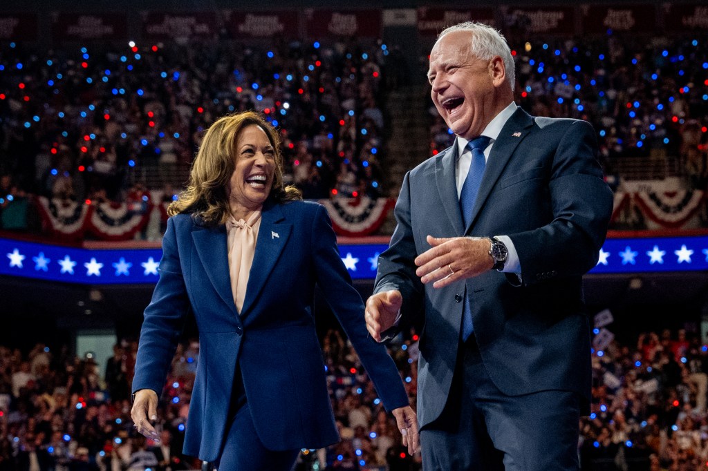 Vice President Kamala Harris and Minn. Gov. Tim Walz on stage during a campaign event in Philadelphia, Penn. on Aug. 6, 2024.