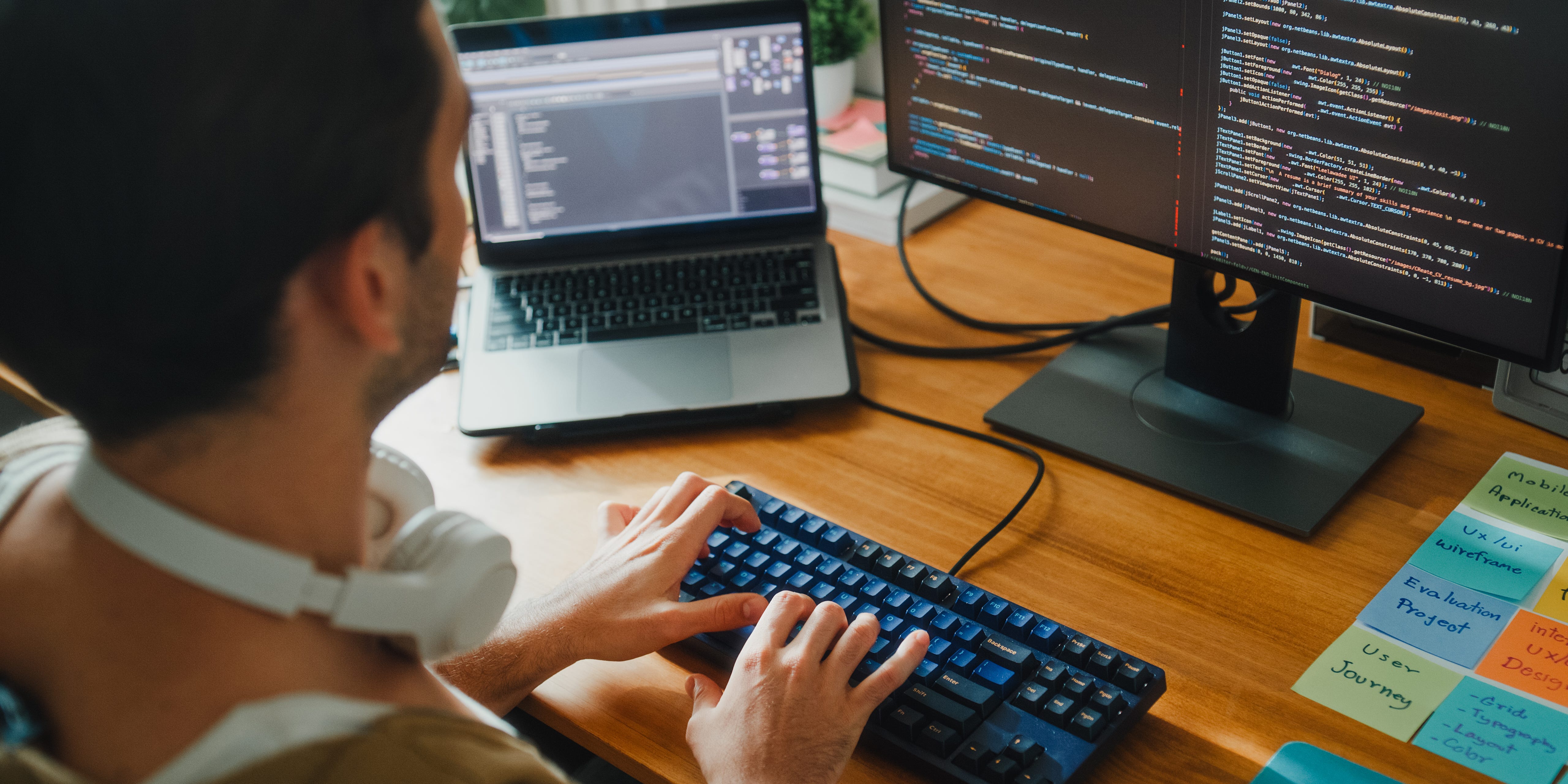 A software engineer coding at home
