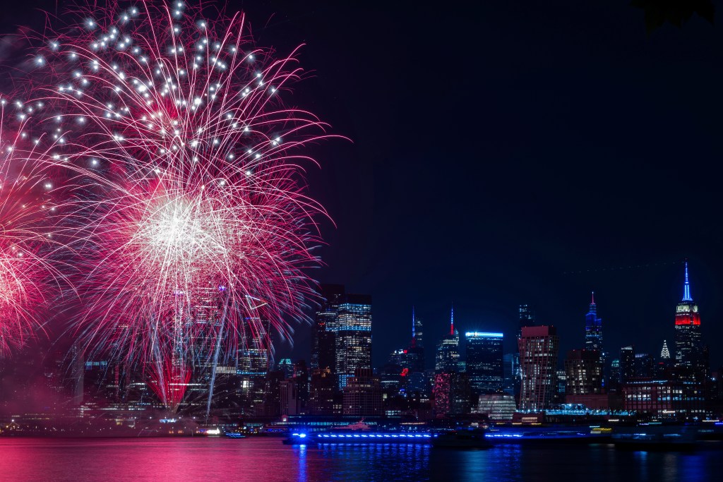 Macy's Fourth of July fireworks go off over New York, Thursday, July 4, 2024, seen from Hoboken, N.J.