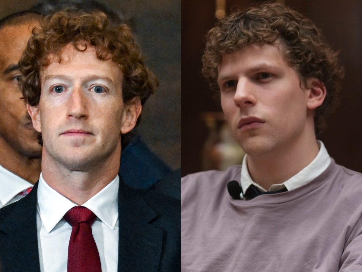 A composite image of Mark Zuckerberg in a suit and tie and Jesse Eisenberg in a sweater and button-down.