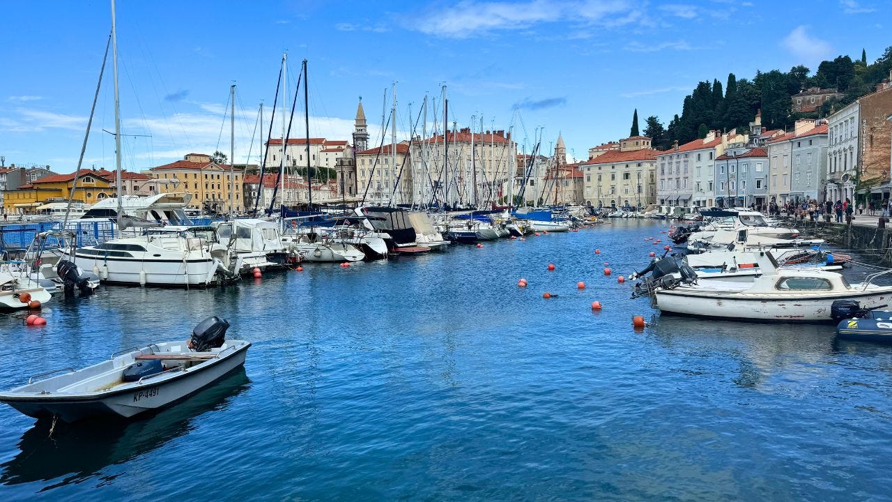 View of boats docked in blue waters of Piran