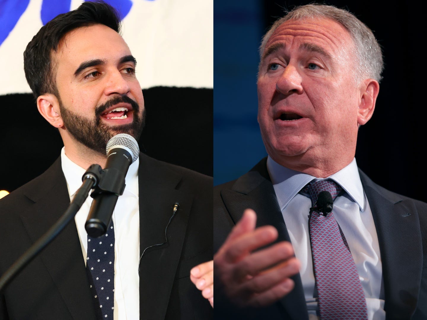 Side by side photo of two men talking