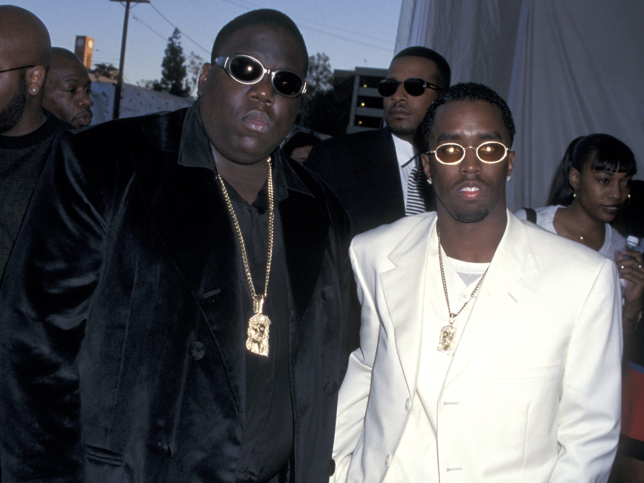 Christopher "Notorious B.I.G." Wallace and Sean "P. Diddy" Combs at the Shrine Auditorium in Los Angeles, California