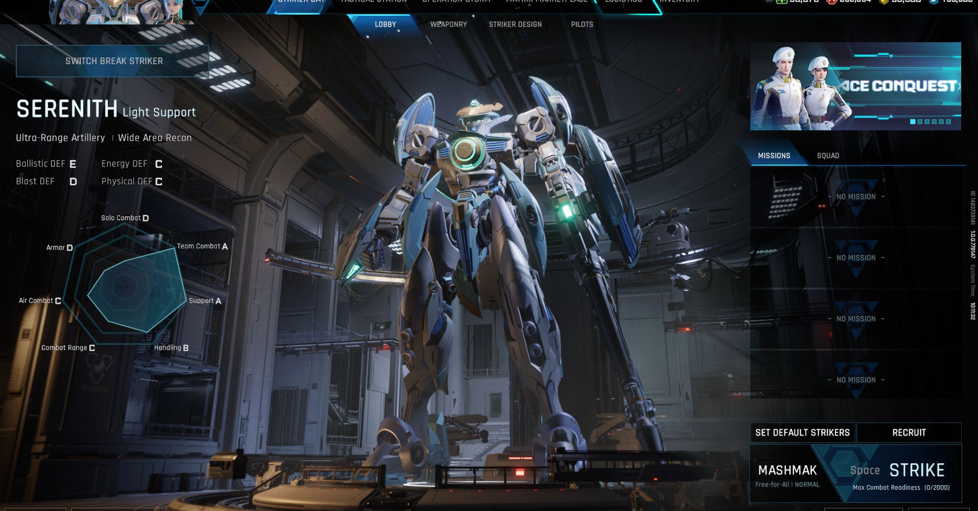 A Mecha Break screenshot showing the Serenith Striker