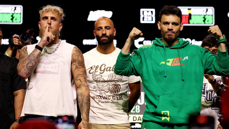 ANAHEIM, CALIFORNIA - JUNE 26: Jake Paul and Julio Cesar Chavez Jr from Mexico face the media prior to their fight at Honda Center on June 26, 2025 in Anaheim, California. (Photo by Cris Esqueda/Golden Boy/Getty Images)