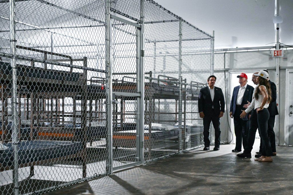 Trump, DeSantis, and Noem touring a migrant detention center.