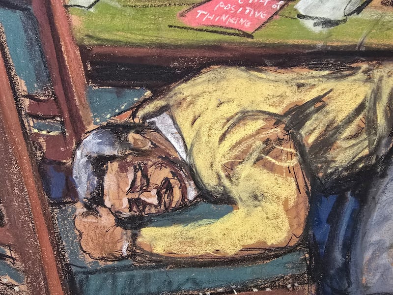 Diddy courtroom sketch showing him collapsed on the ground