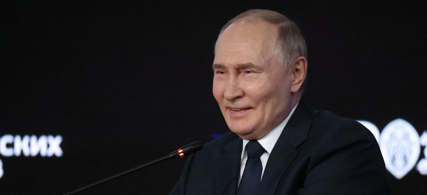 Russian President Vladimir Putin speaks during the New Ideas For New Times Forum on July 3, 2025, in Moscow, Russia. 
