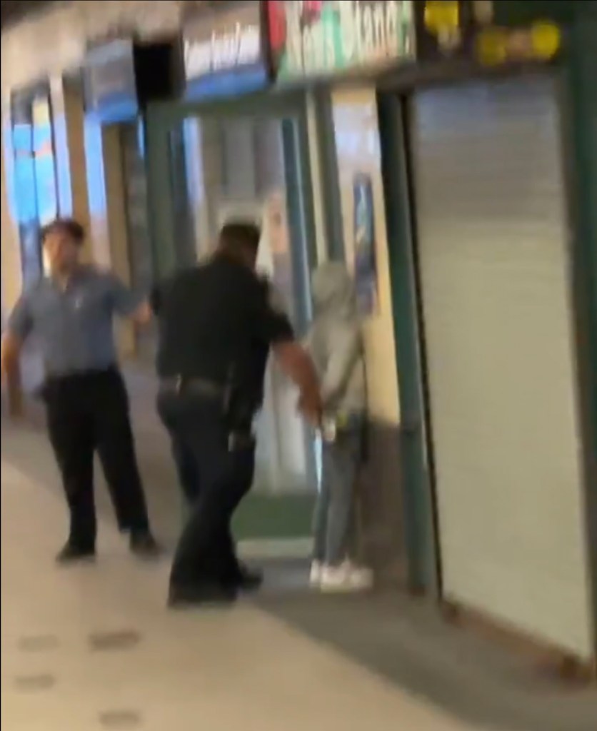 Police officers arresting a teenager who brandished a knife.
