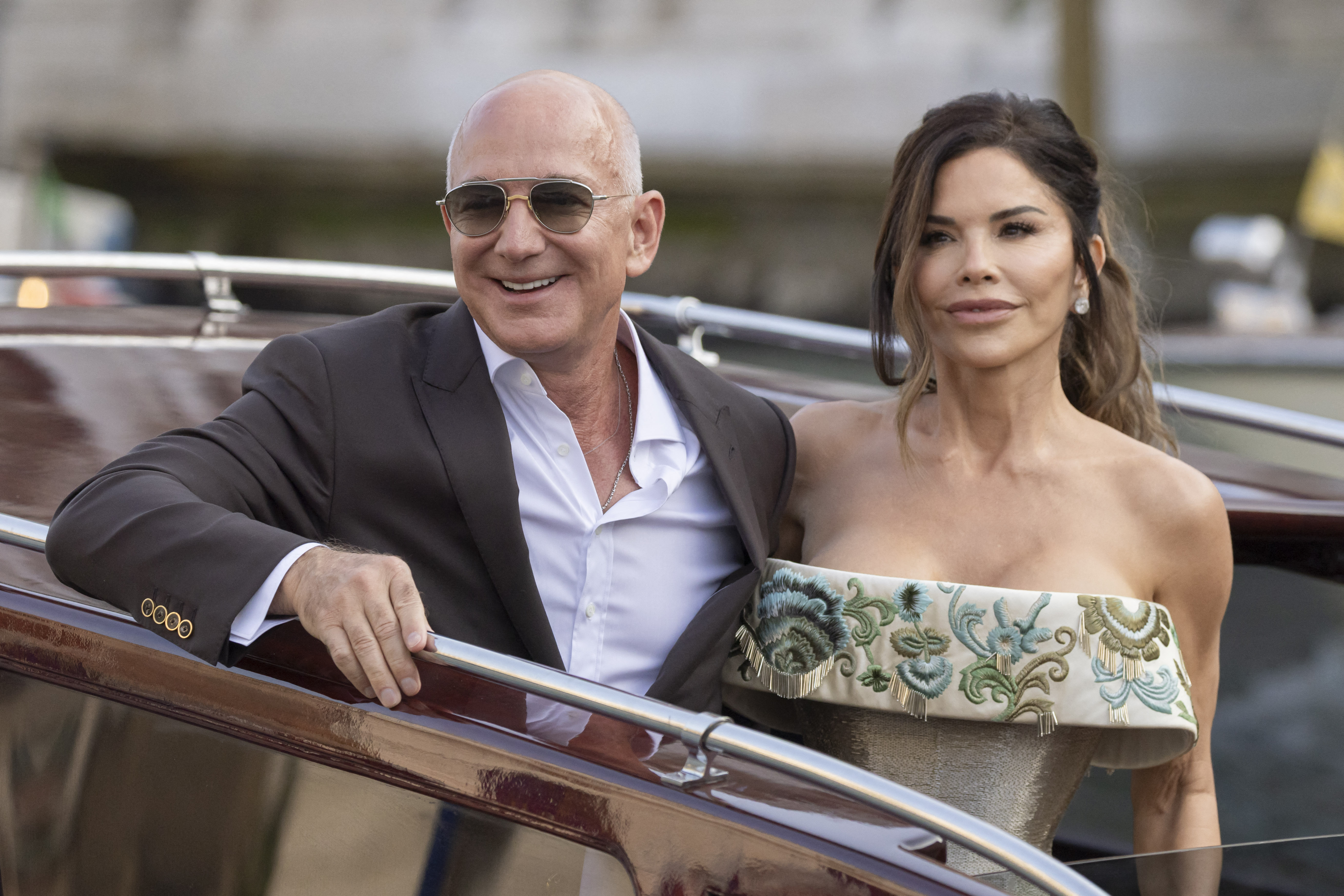 Jeff Bezos and Lauren Sanchez in a water taxi. 
