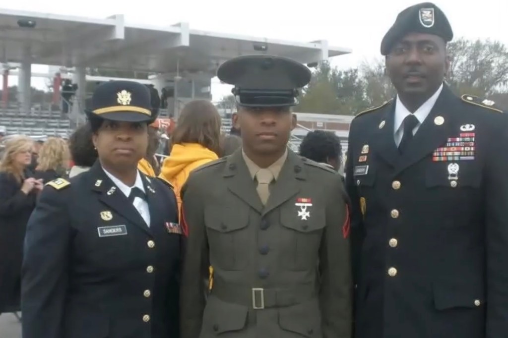 Photo of a family in military uniforms.
