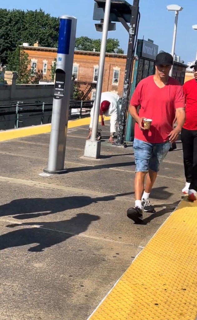 Bystanders at a subway station; one person is on the ground.