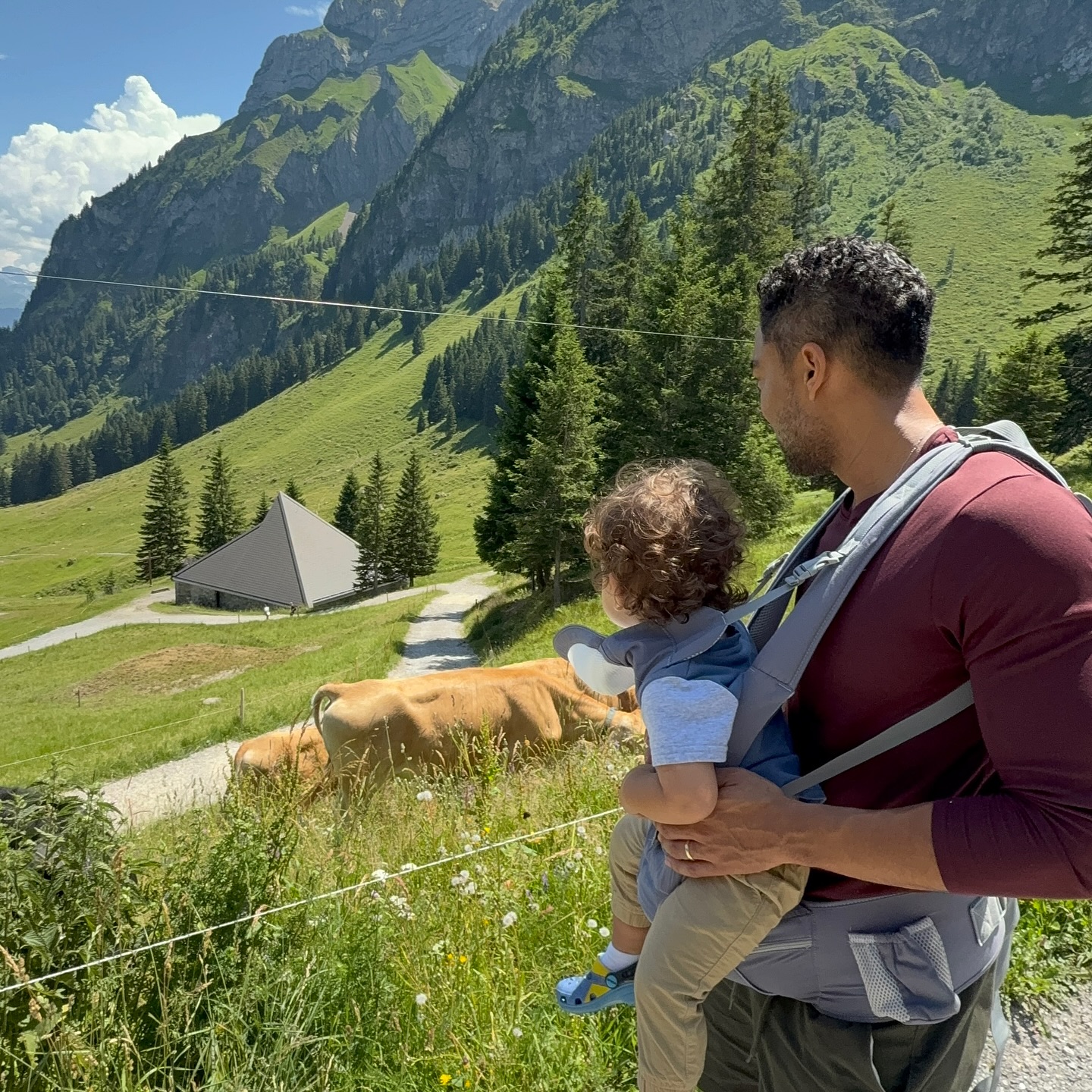 Janet Caperna's husband and their child in Switzerland.
