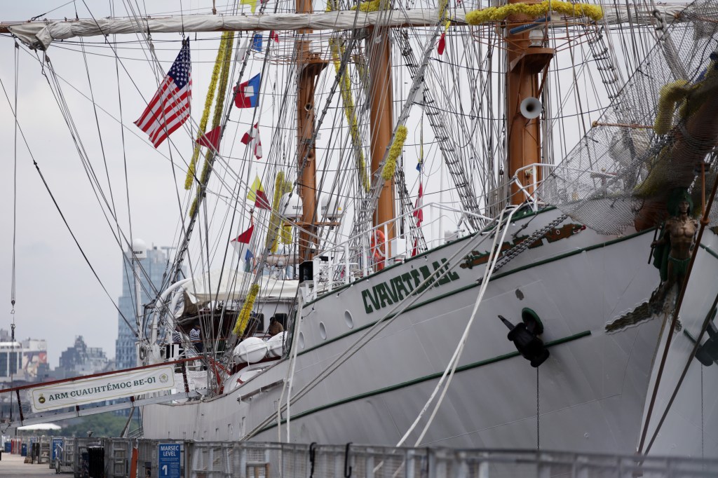 The Mexican Navy training ship that hit the Brooklyn Bridge sits moored in New York City on May 30, 2025.