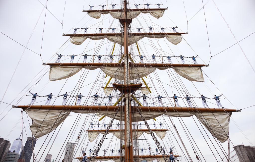 Cadets on the deck of the Mexican Navy tall ship ARM Cuauhtémoc during its voyage from Staten Island to Pier 17 at the South Street Seaport on Tuesday