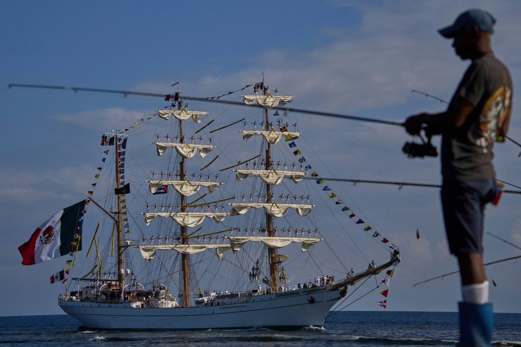 The Mexican Navy tall ship Cuauhtemoc arrives in Havana Bay, Cuba, Monday, April 28, 2025. 