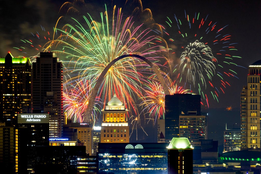 Fireworks over the St. Louis Gateway Arch.