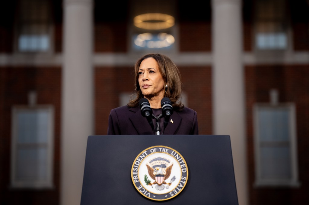 Vice President Kamala Harris giving a concession speech at Howard University.