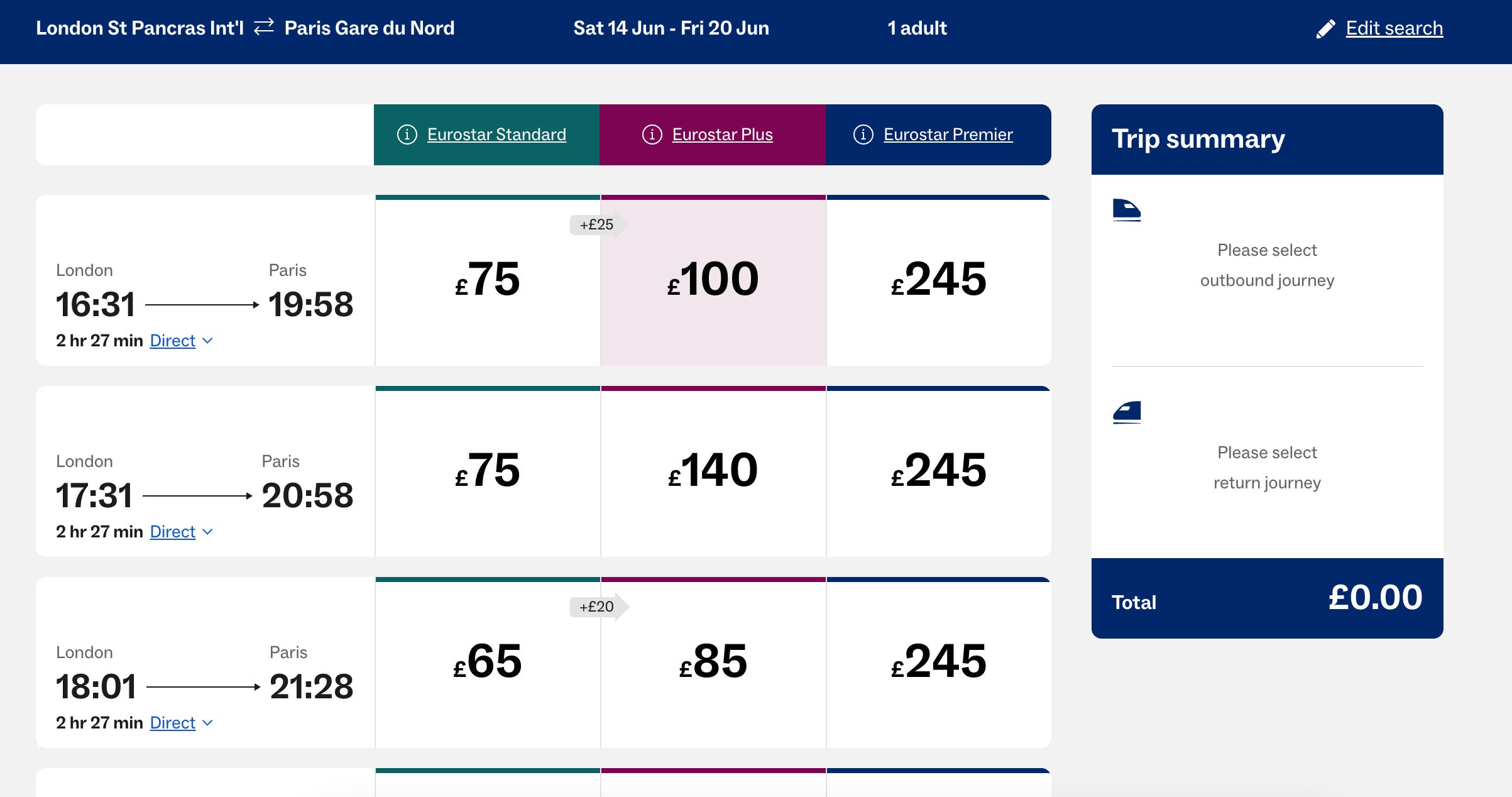 A screenshot of the Eurostar booking website shows Eurostar Plus being an upgrade of only £25