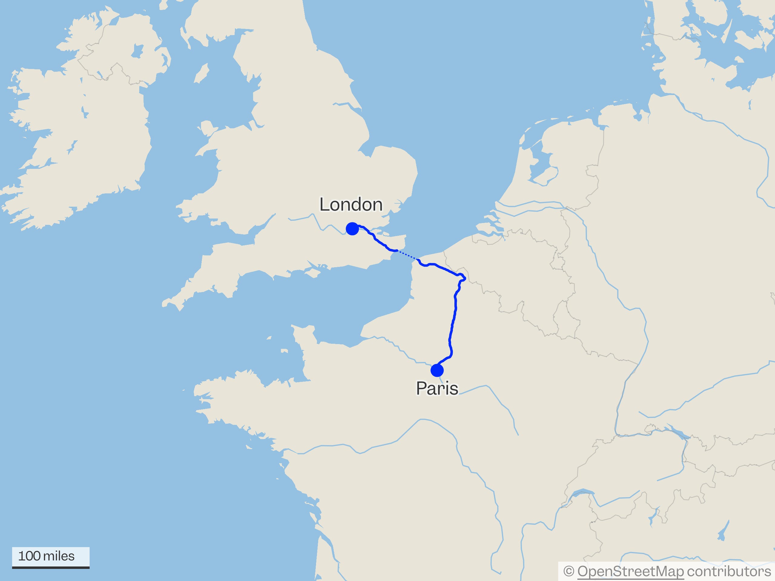A map of northern Europe, with London and Paris marked, and the Eurostar train journey on HS1 and LGV Nord Europe, with a dashed line marking the Channel Tunnel.