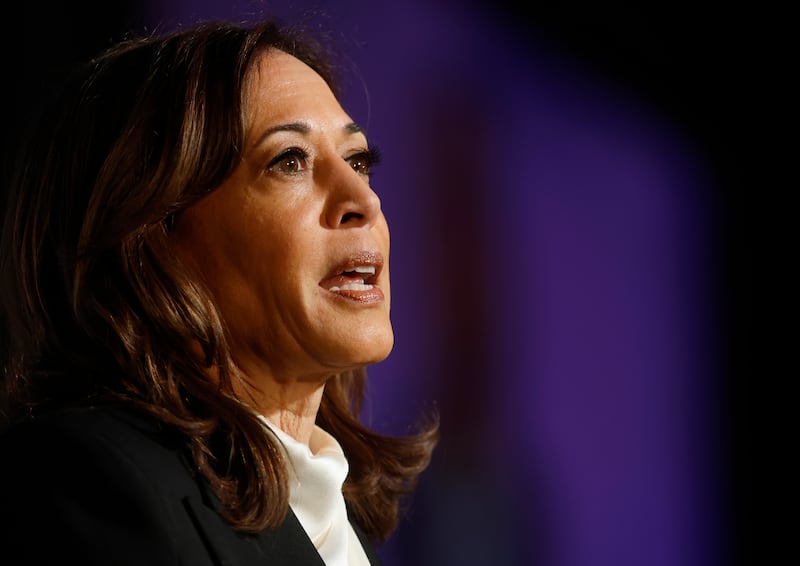 Former U.S. Vice President Kamala Harris delivers a keynote address during the Emerge 20th Anniversary Gala at the Palace Hotel on April 30, 2025 in San Francisco, California