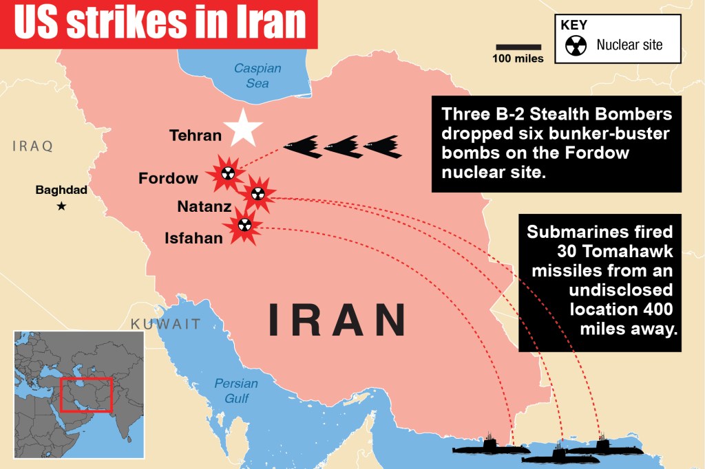Illustration of US strikes in Iran, showing B-2 bombers dropping bombs on Fordow and submarines firing Tomahawk missiles.