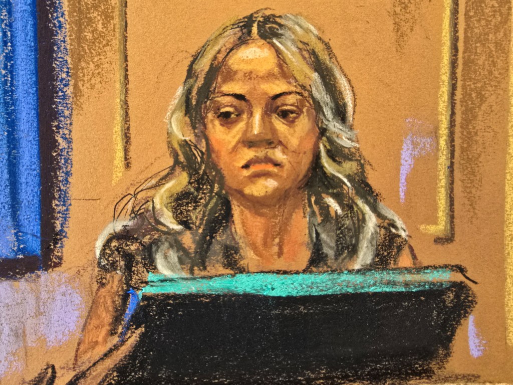 Courtroom sketch of Bryana Bongolan testifying.