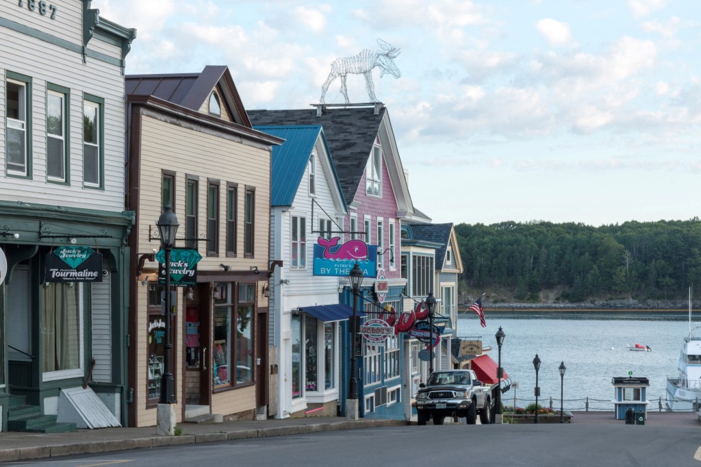 Main Street in Bar Harbor, Maine, overlooking the water.