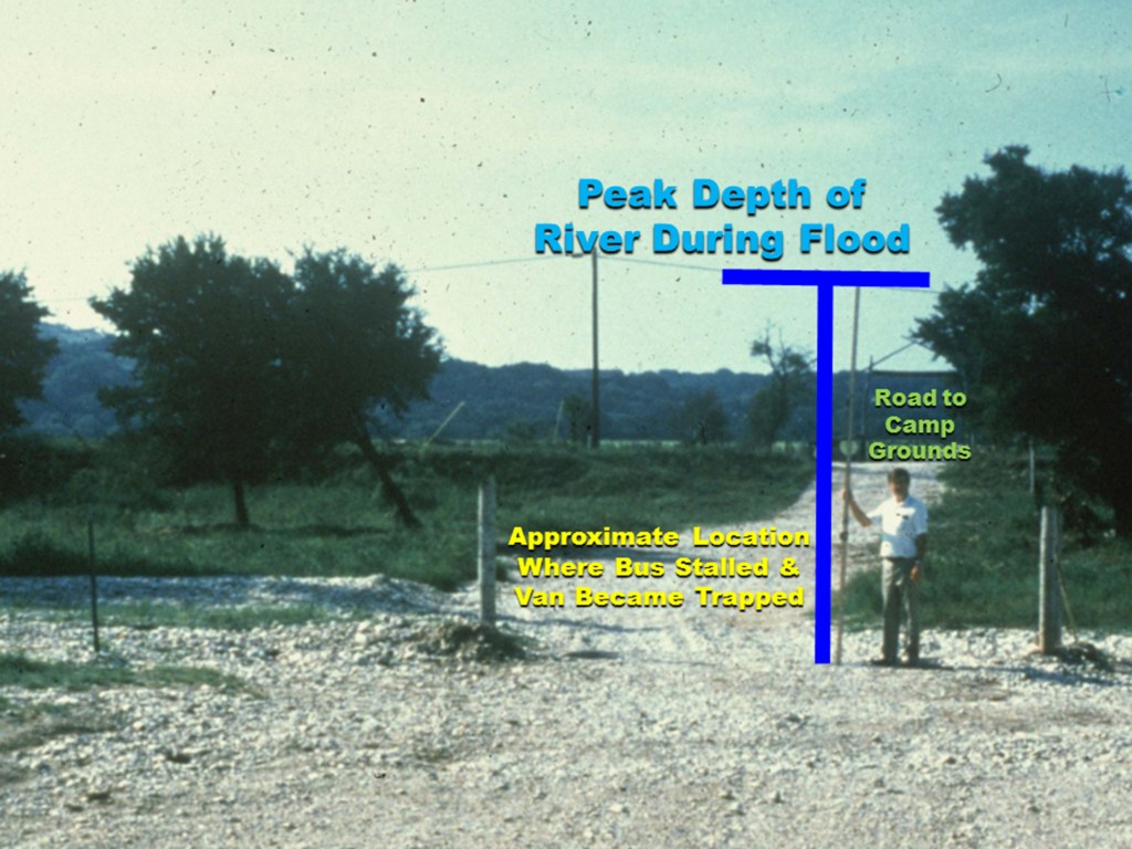 Photo showing flood depth and location where a bus and van stalled.