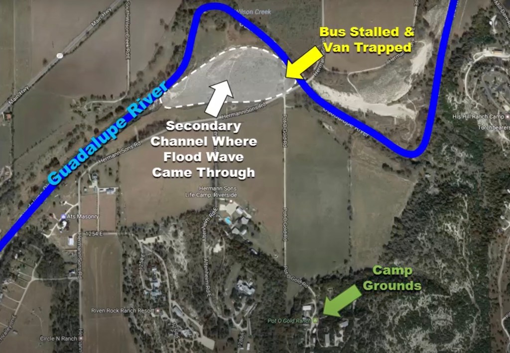 Map showing Texas flood location and impact on a summer camp.