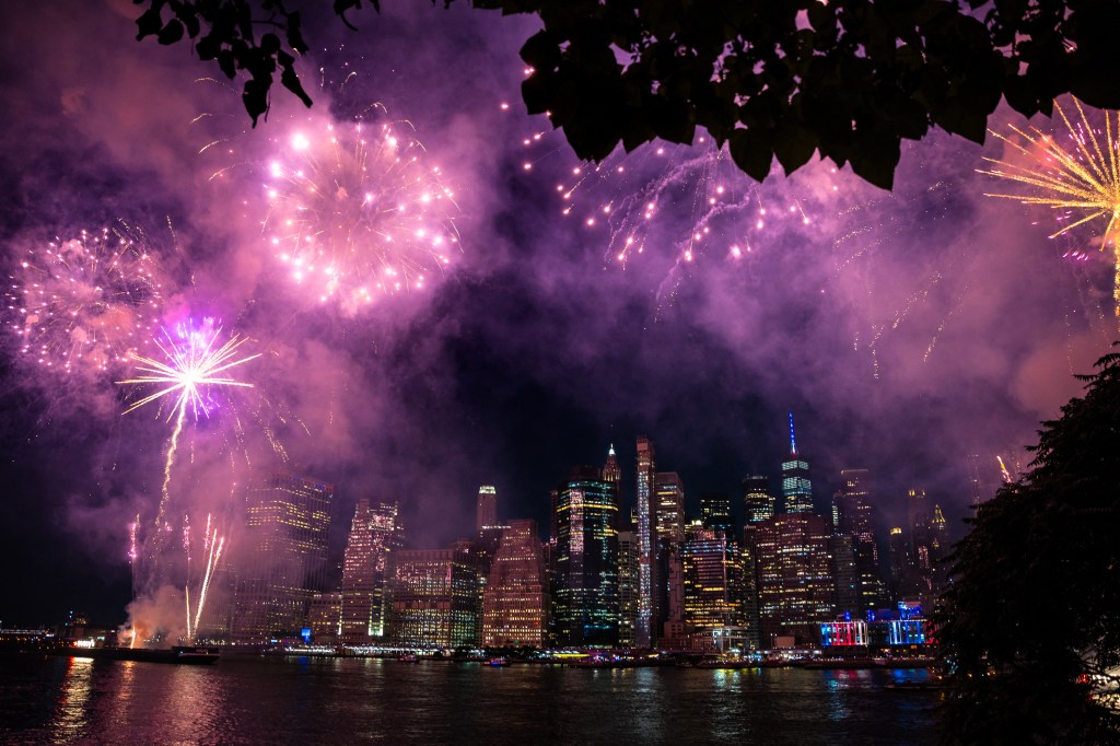 Fireworks over the Manhattan skyline.