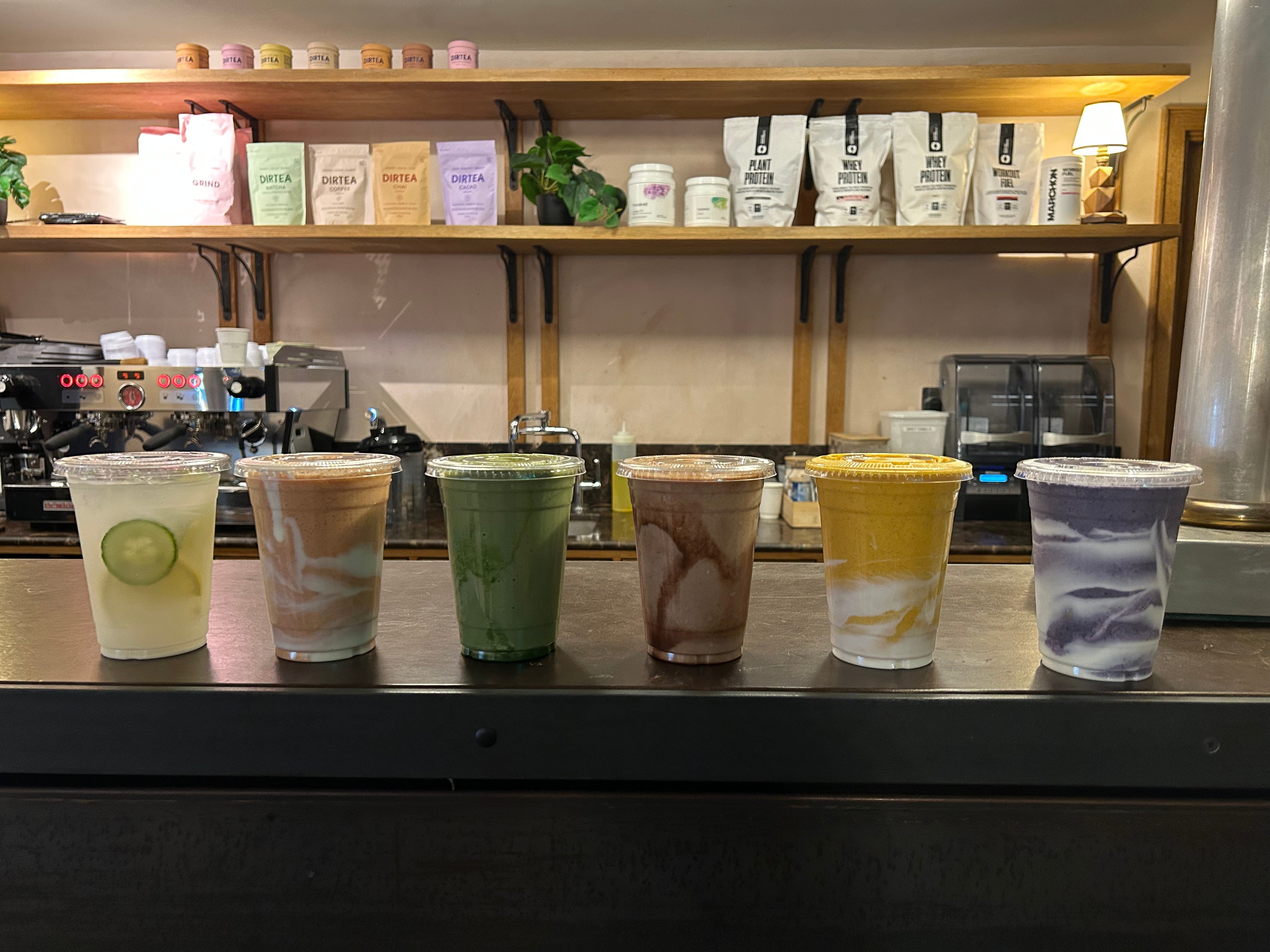 A row of smoothies.