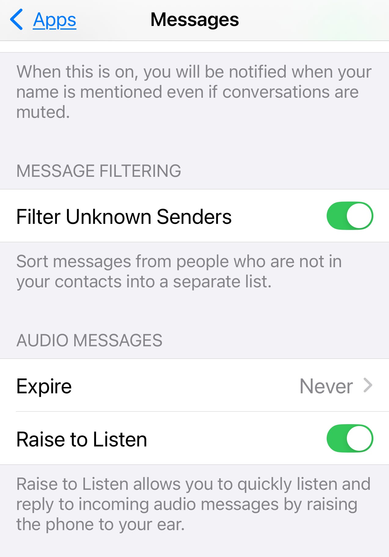 Screenshot of iPhone Message settings in Apps