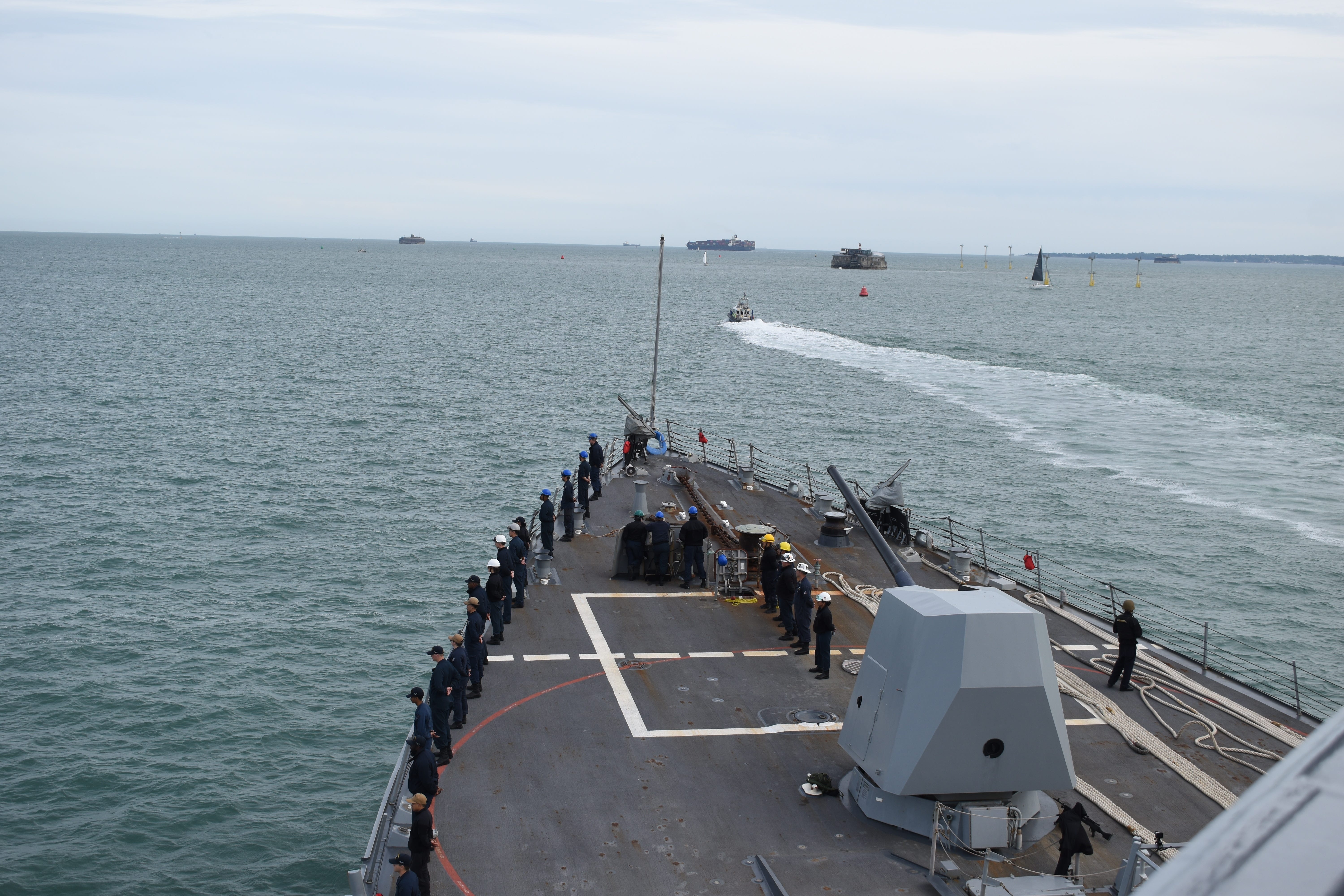 Sailors on the Navy destroyer USS Thomas Hudner in May 2025.