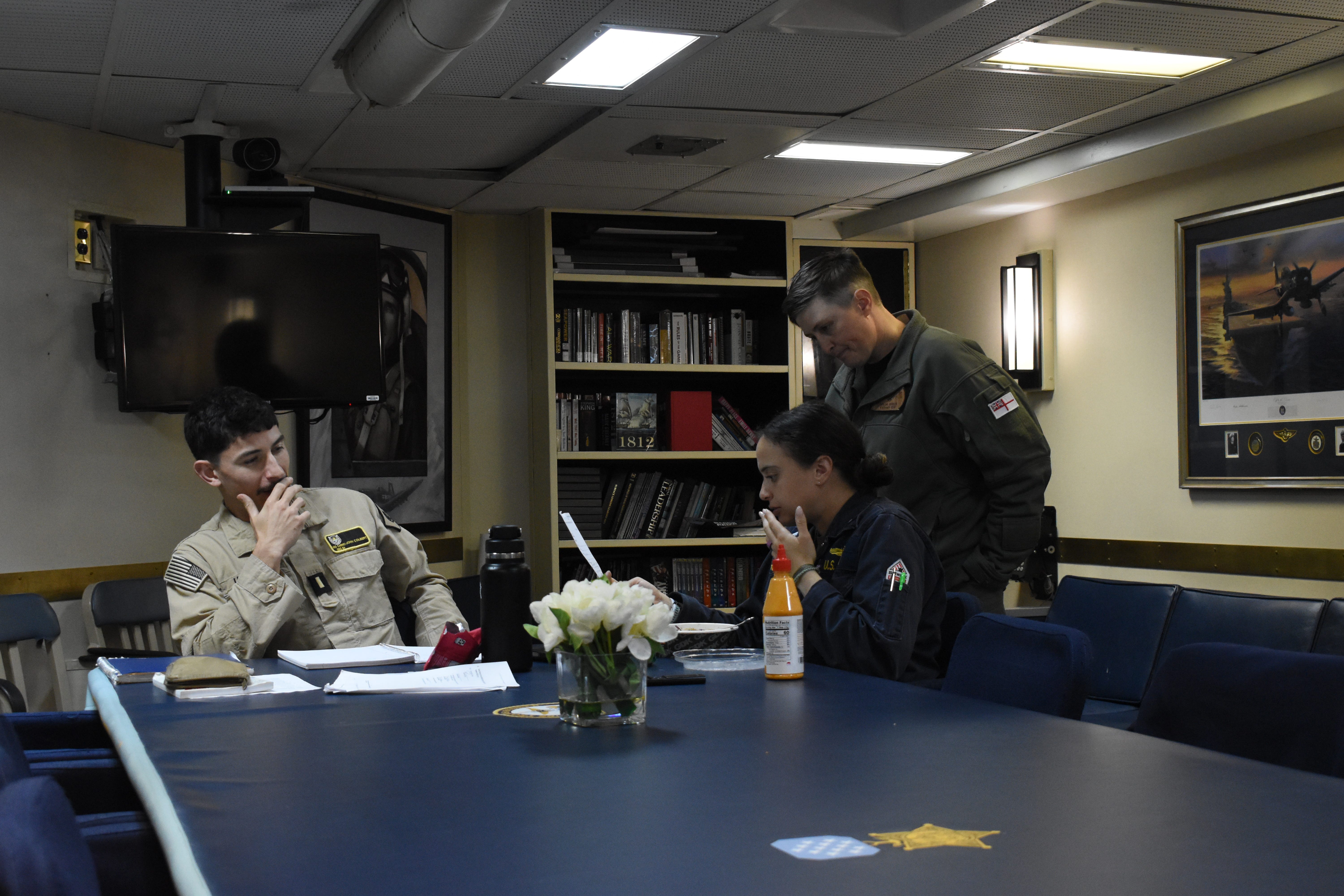 The wardroom on the Navy destroyer USS Thomas Hunder in May 2025.