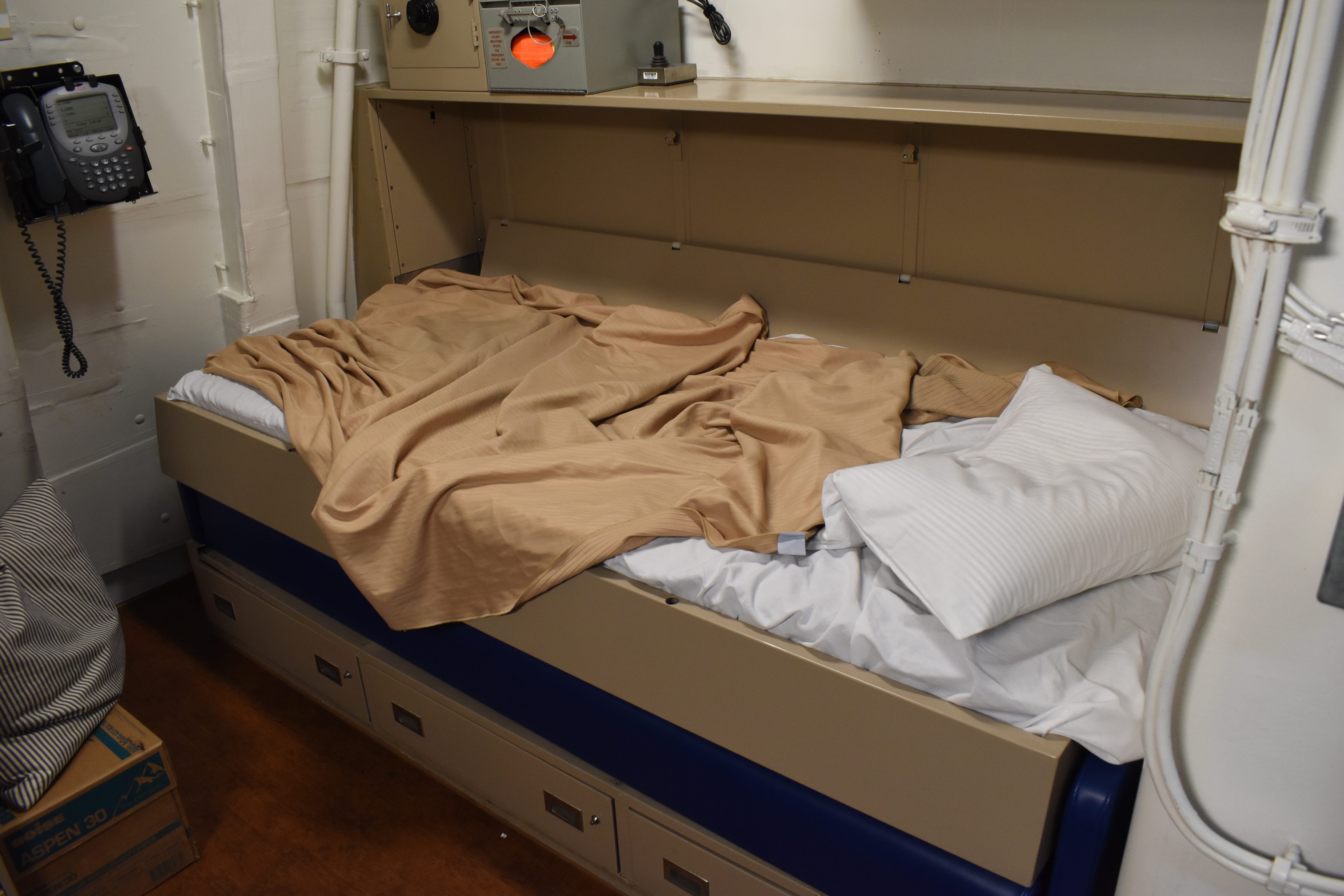 A bedroom inside the Navy destroyer USS Thomas Hudner in May 2025.