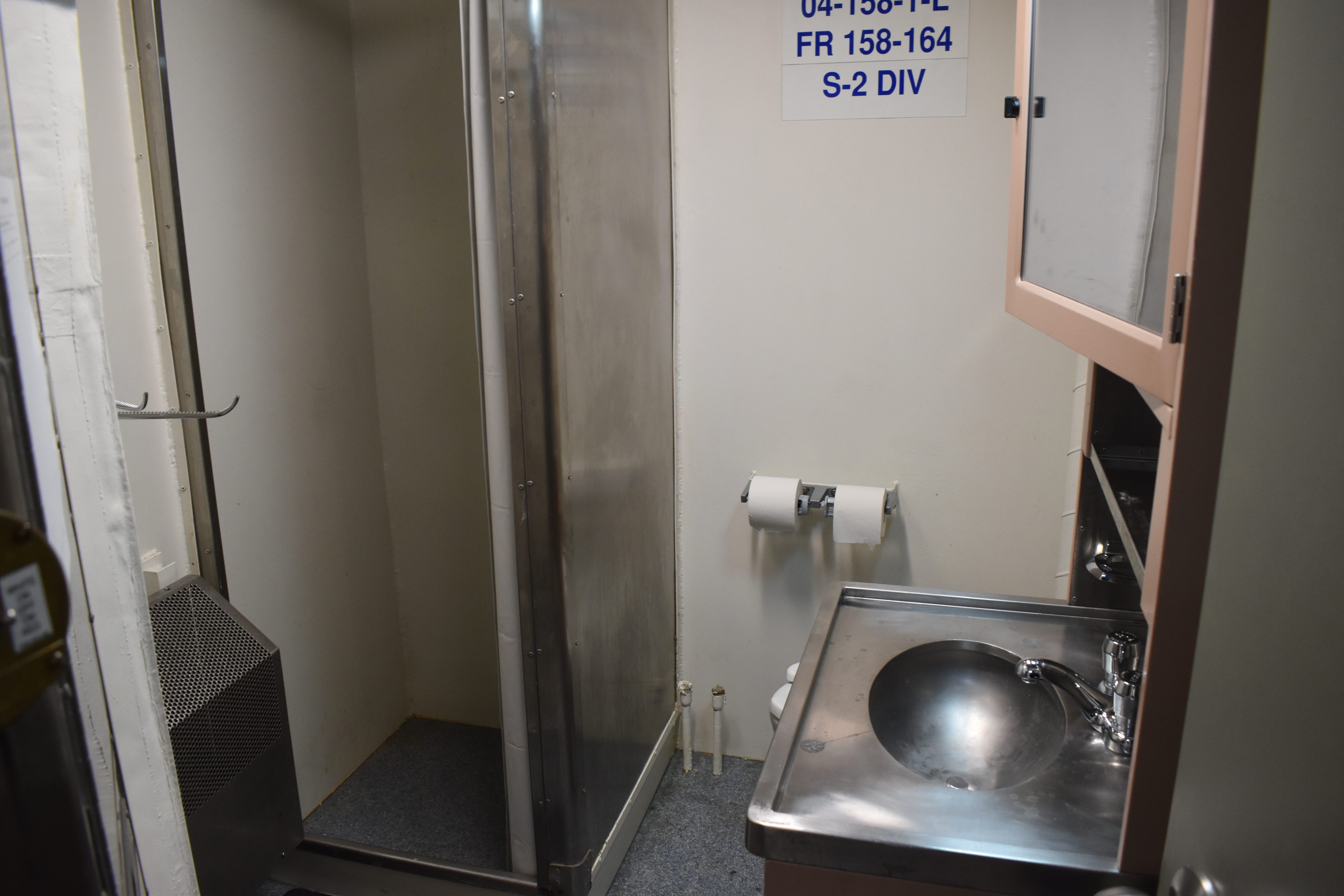 A bathroom inside the Navy destroyer USS Thomas Hudner in May 2025.