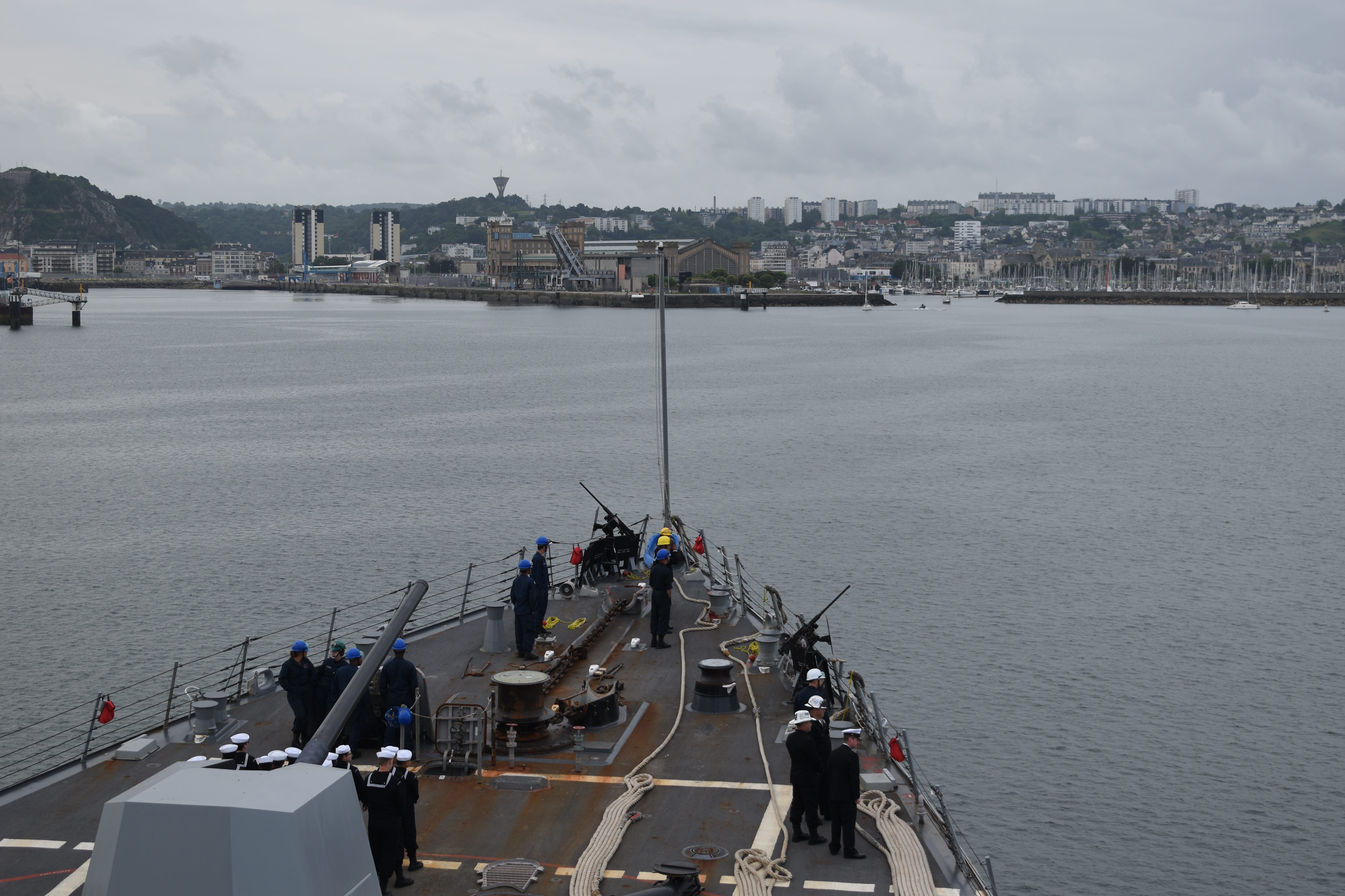The Navy destroyer USS Thomas Hudner pulling into port in France in June 2025