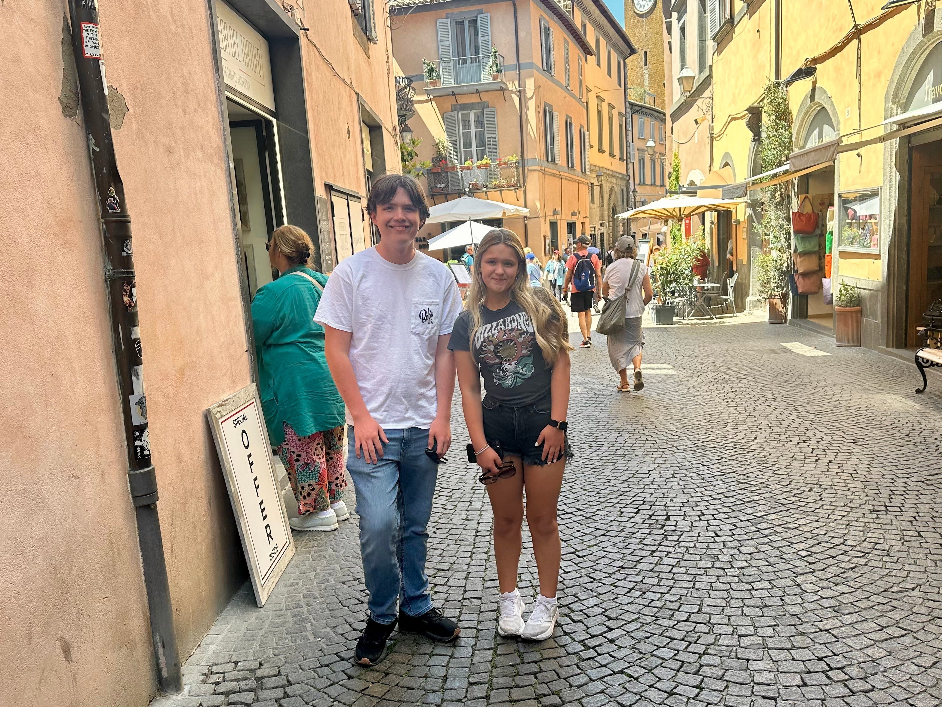 The author's kids in Orvieto during a lunch stop on the bus ride to Tuscany.
