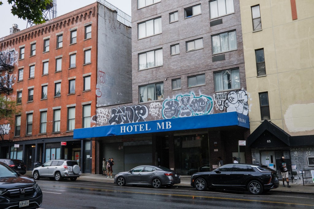 Hotel MB in New York City, with graffiti on the building.