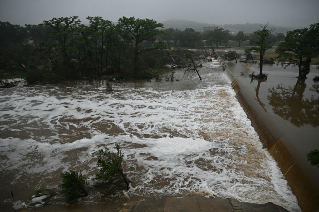 A photo shows flooding caused by a flash flood at the Guadalupe River in Kerrville, Texas.