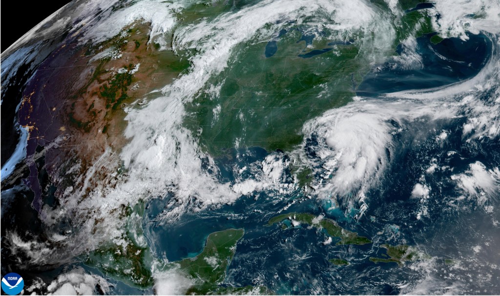 Satellite image of Tropical Storm Chantal near the Carolinas.