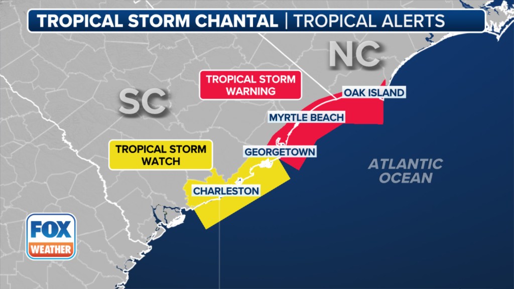 Map of Tropical Storm Chantal alerts in South Carolina and North Carolina.