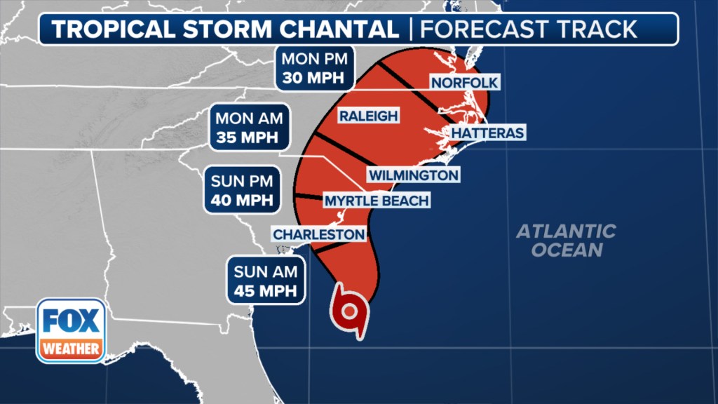 Forecast track of Tropical Storm Chantal off the coast of South Carolina.