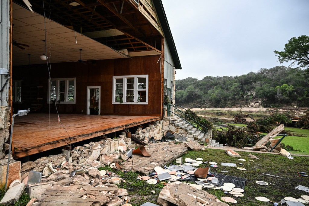 Damaged building after flood in Texas.