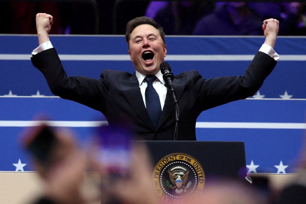 Elon Musk giving a celebratory speech at Trump's second presidential inauguration.